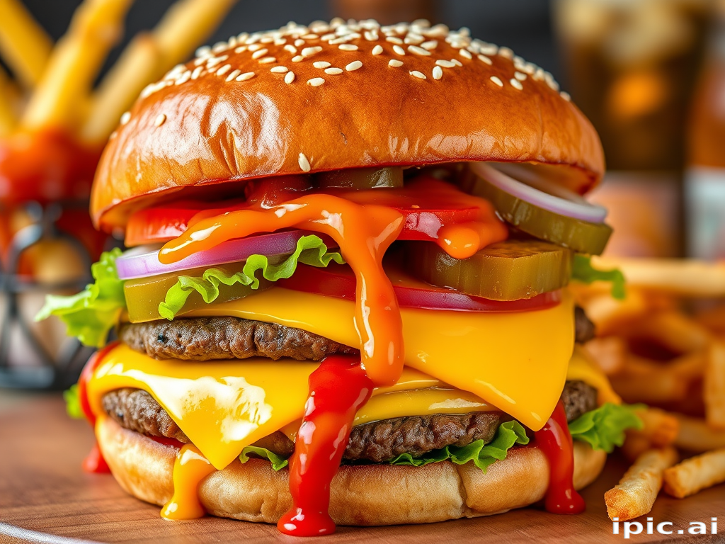 High-resolution, close-up image of a gourmet double cheeseburger. The burger features a glossy, sesame-seed-topped brioche bun. Inside, there are two thick, juicy beef patties, each topped with melted cheddar cheese. The burger is garnished with fresh lettuce, tomato slices, diced onions, and pickles. A generous amount of ketchup and a creamy, orange-colored sauce is dripping down the sides, adding to the mouth-watering appeal. In the background, there are blurred elements including a side of golden French fries and a hint of a beverage, enhancing the overall presentation of a delicious meal.