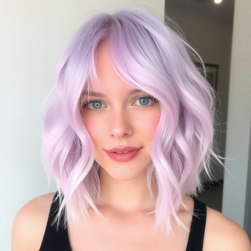Pastel lavender bob with soft pink undertones, Whisper's hair embodies delicate femininity, featuring gentle waves and wispy bangs that frame the face in a dreamy, romantic manner