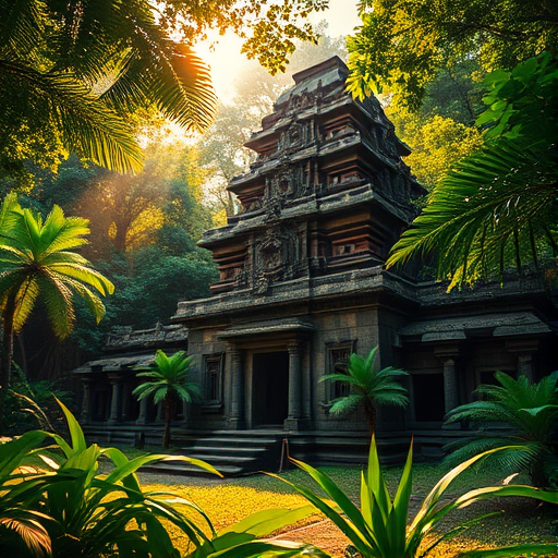 Ancient temple in a dense jungle setting, lush greenery surrounding the structure, dramatic sunlight filtering through the canopy, taken with a DSLR camera, 24mm lens, f/8 aperture, ISO 200, shot at golden hour from a low angle to emphasize the grandeur and depth.