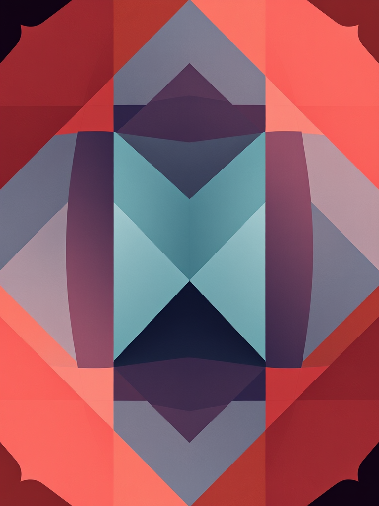 Generate an abstract geometric pattern design with a focus on contrasting colors and smooth gradients, captured using a DSLR camera with a 50mm lens at f/2.8, ISO 100, and a slight vignette effect, shot from a top-down view to emphasize symmetry and depth.