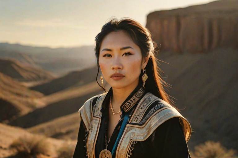Dramatic photo of a beautiful Hmong woman, classic cowboy attire, confident and free spirit expression, half-length portrait, centered, golden hour desert landscape, warm, diffused light, low angle, medium format film camera, in style of Annie Leibovitz.