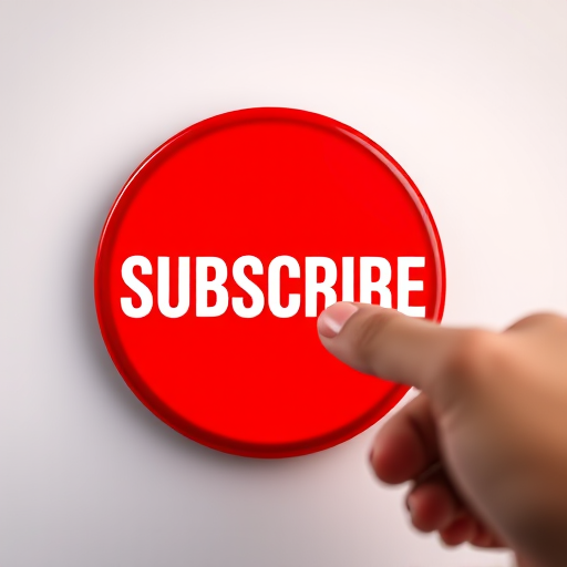 Create a vibrant, high-resolution image of a red circular button with the word "SUBSCRIBE" in bold white font, featuring a hand pointing to it, captured with a DSLR camera at f/2.8 aperture, 50mm lens, ISO 100, in a well-lit studio setting with a soft-focus background.