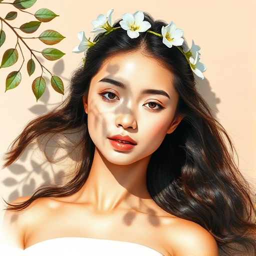 create a watercolor painting of an ethereal portrait of beautiful Cambodian woman with a simple white flower crown on her head. Her hair is long and she is lying on the ground. The sunlight on the trees casts shadows from the leaves on her face and body. The background is a neutral brown color that matches her skin tone. The image is minimalist and solid colors. This style is characterized by soft, delicate brushstrokes and a light, airy, contrasting color palette. High level of detail and play of light