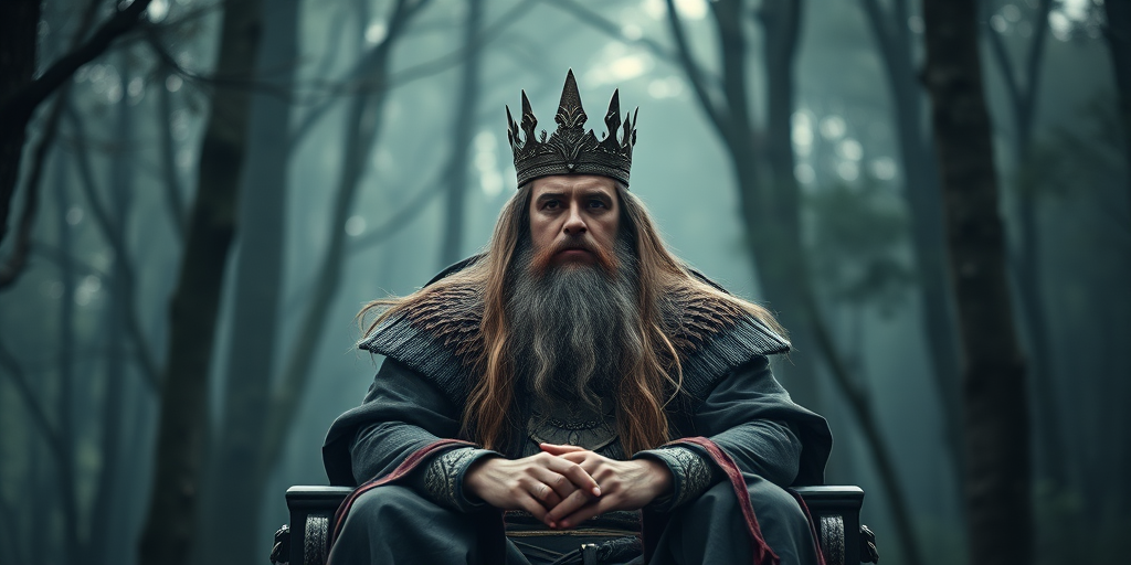 Regenerate the image of a majestic king with long hair and a beard seated on a throne in a mystical forest, use a DSLR camera with a 50mm lens, f/1.8 aperture, ISO 100, and a shallow depth of field for a sharp focus on the king and a blurred background to enhance image quality.
