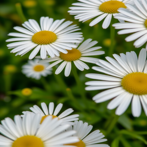 Close-up shot of white daisies with yellow centers in a bright green background, aperture f/2.8, ISO 100, shutter speed 1/250s, macro lens, natural light, DSLR camera.