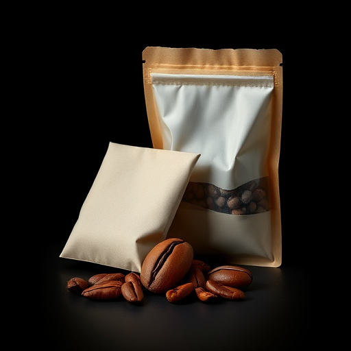 Create a high-resolution illustration of a coffee bean beside a tea bag on a black background, using a Canon EOS 5D Mark IV, f/8 aperture, ISO 100, 50mm lens, with a soft light source to enhance details and colors.