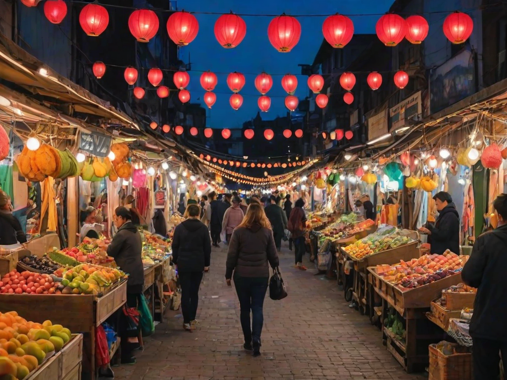 Bustling street market at twilight, colorful lights strung above, with stalls selling everything from fresh fruit to handmade crafts, a woman browsing the stalls.