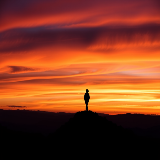 Generate a high-resolution image of a silhouette of a person standing on a mountain peak during sunset, with vibrant orange and purple sky colors, using a full-frame DSLR camera with a 50mm lens, aperture set to f/1.8, ISO 100, and a shutter speed of 1/200 sec, in portrait orientation for dramatic effect.