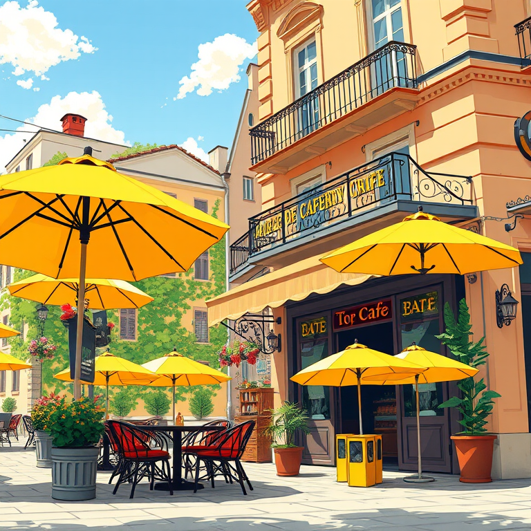 create a vibrant illustration of a cozy cafe with yellow umbrellas on a sunny day, showcasing intricate details in the building's architecture, use a DSLR camera with a 35mm lens, aperture set to f/5.6, ISO 100, and a shallow depth of field for a soft background blur, shot from a slightly elevated angle to capture the ambiance and surroundings.