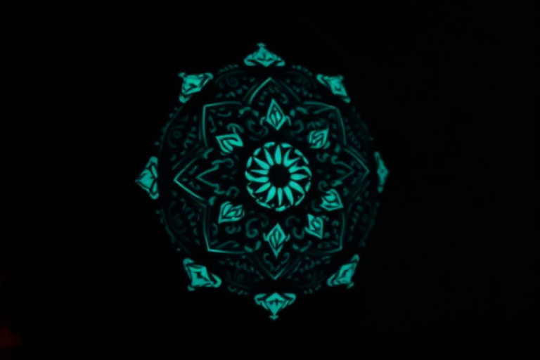 Glow-in-the-dark tattoo titled "Luminous Secrets" featuring intricate patterns or symbols that are invisible in daylight but illuminate under UV light, creating a magical and interactive experience