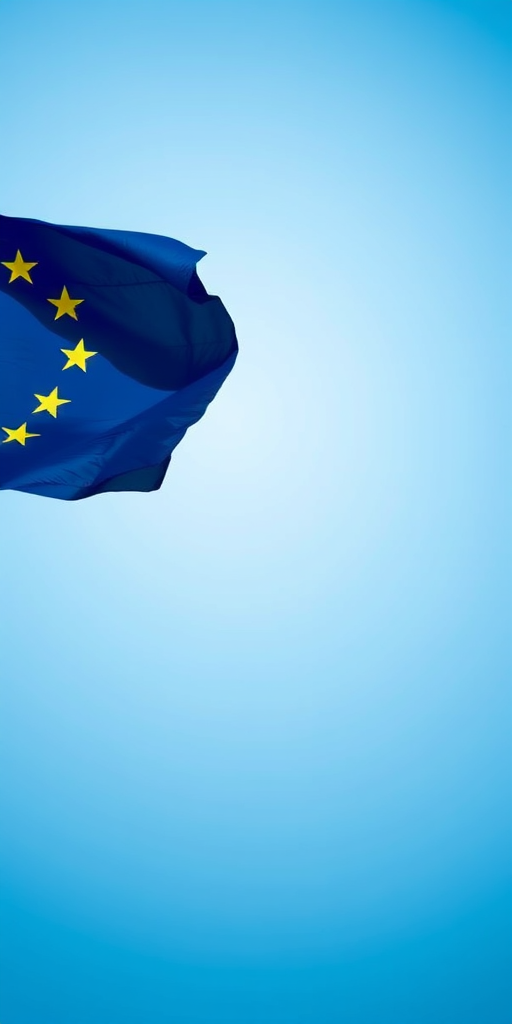 Create a high-resolution image of the European Union flag waving gently in the wind with a smooth blue gradient background, using a Canon EOS 5D Mark IV with a 50mm f/1.8 lens at f/2.8, ISO 100, and a shutter speed of 1/200s, captured from eye level for a realistic perspective.