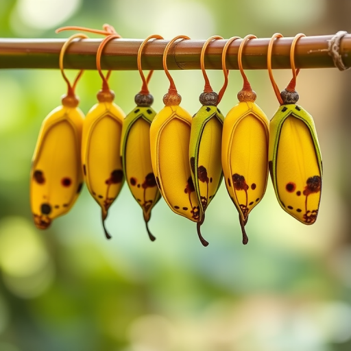 Generate an image of a row of colorful butterfly chrysalises hanging from a bamboo stick. The chrysalises should display various shades of yellow with black spots and markings, showcasing the transformation process of butterflies in a natural setting. The background should be softly blurred to emphasize the chrysalises.