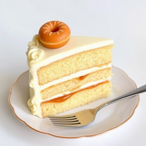 A beautifully layered cake slice with creamy frosting and a caramel filling, topped with a small donut and a decorative swirl, set on a delicate plate with a fork beside it, against a light background.