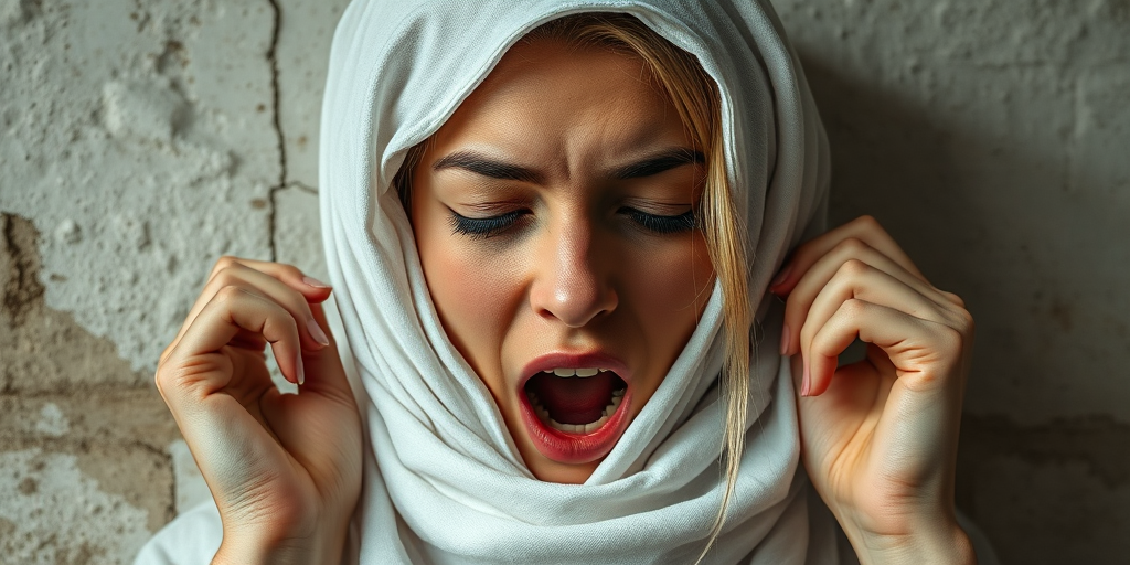 Create a close-up photographic image of a Armenian woman with light skin tones shown against an old, worn wall. Their head is wrapped in a white cloth covering (i.e.... parts of the head except the nose and mouth, which are open as if they are screaming...), with a slight texture and visible folds in the fabric. Thin strands of blonde hair escape from the wrapping above, falling lightly at the top and sides. Their hands hold the fabric as if they are tugging nervously. The lighting is dramatic and even, casting strong shadows. The image has a minimalist and surreal style with an emphasis on simplicity with soft color tones. The composition is centered.