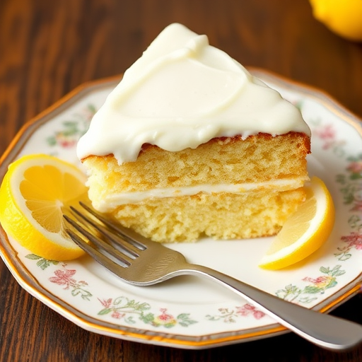 A slice of moist lemon cake with creamy filling and frosting served on a decorative plate alongside a lemon wedge, with a fork resting on the plate.