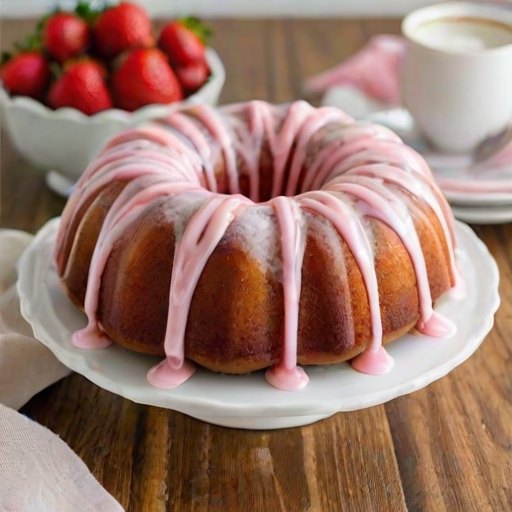 Create an image of a round bundt cake with a pink glaze drizzled on top. The cake should be light pink with a smooth texture, and be dusted with powdered sugar. Place a fresh strawberry beside the cake on a white plate, with a textured cloth underneath. The background should be soft and simple, enhancing the focus on the cake.