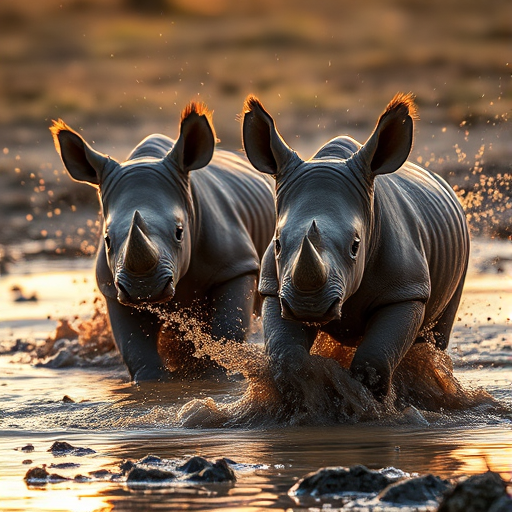 A close-up shot of playful baby rhinos splashing in muddy water during golden hour, using a DSLR camera with a 50mm lens, aperture set to f/2.8, ISO 100, and a shutter speed of 1/500 seconds for high clarity and vibrant colors.