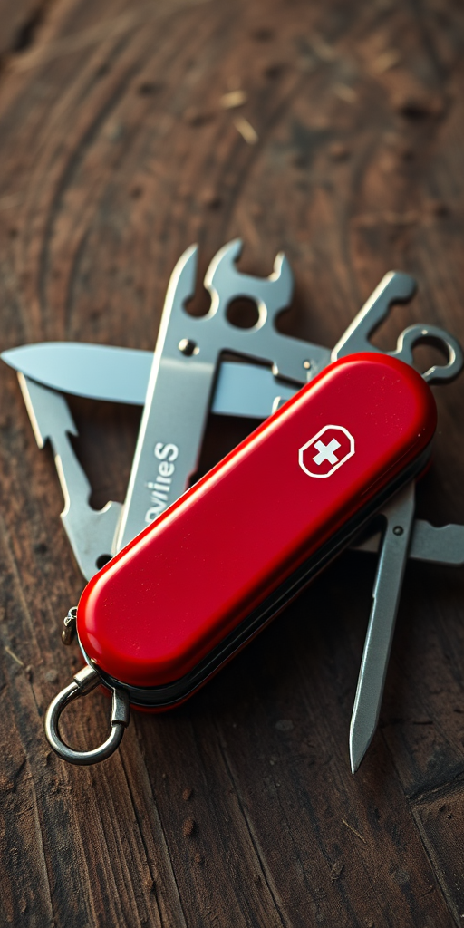Create a high-resolution image of a classic Swiss army knife with the blade and tools open, captured with a DSLR camera at f/2.8, ISO 100, and 1/250 sec shutter speed from a top-down view, soft natural lighting to enhance details and textures.