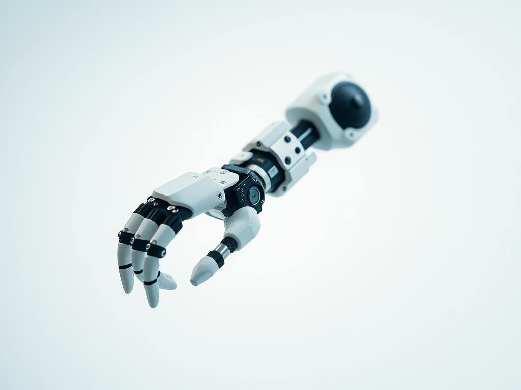 Create a high-resolution image of a robotic arm in a minimalist design, with a soft focus background, using a DSLR camera with a 50mm lens, aperture set to f/2.8, ISO 100, and a shutter speed of 1/125s, captured from a slightly elevated angle to highlight the mechanical details and contours.