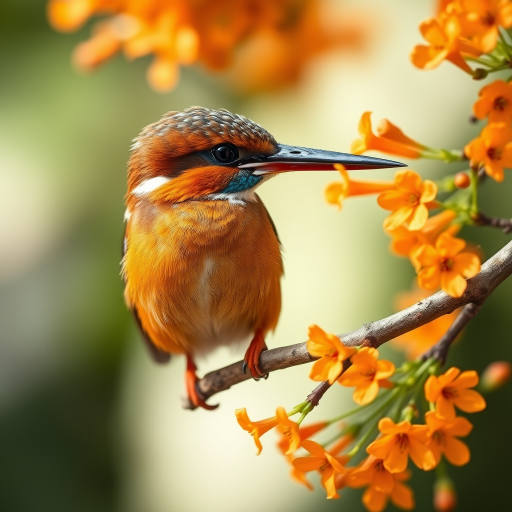 A detailed close-up of a kingfisher perched on a branch with vibrant orange flowers, focusing on the intricate feather textures and colors, using a Canon EOS R5, 100mm macro lens, f/2.8 aperture, ISO 100, natural light to enhance image quality.
