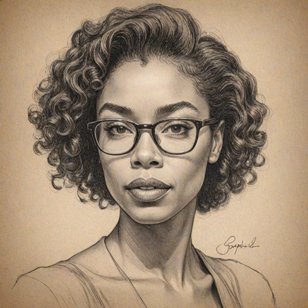 Graceful Sophie Okonedo, pencil sketch, portrait of Alluring woman 1939s in glasses, hair style beatnik, outline, clear lines, fine lines, 8k
