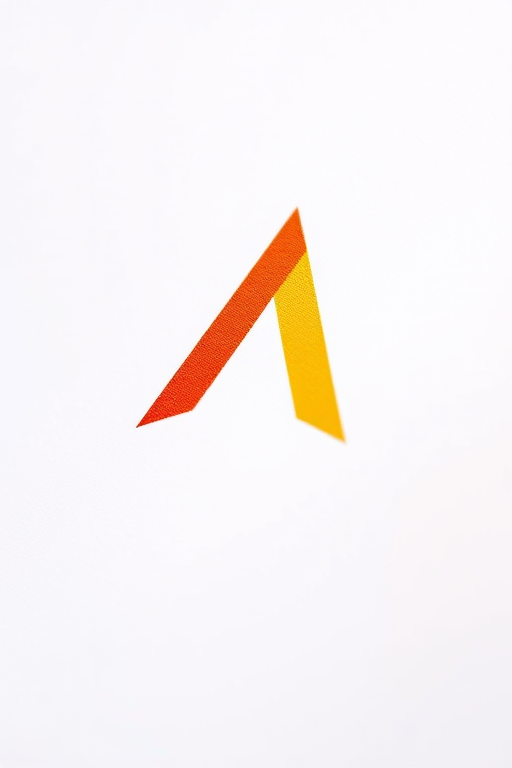 Create a minimalist logo featuring a stylized triangular arrow in shades of orange and yellow, captured with a DSLR camera at f/5.6, ISO 100, 1/125s, using a macro lens for sharp detail and vibrant color contrast.