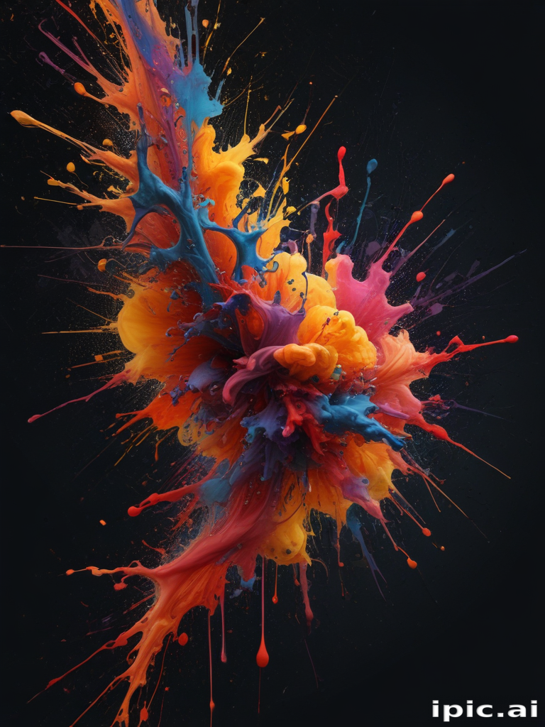Dynamic Explosion of Colorful Paint Splashes Against a Dark Background