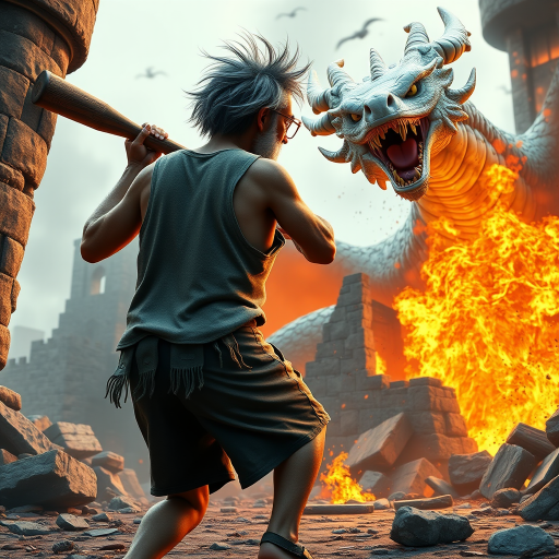 Cartoon 3D High-Resolution,dynamic battle scene using Unreal Engine 5 and Octane Render. The scene features back of an elderly, thai man with a beard,messy hair and round golden-rimmed glasses. He is wearing a tattered tank top with soot marks, shorts, and sandals. sweating. he wields a baseball bat. He jump to fight with a white fire-breathing Europe dragon amidst a partially destroyed stone castle. Include intense flames, smoke, and debris to enhance the dramatic effect.