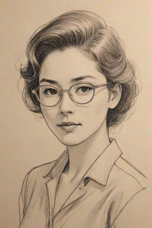 Bewitching Eleanore Matsuura, pencil sketch, portrait of Fetching woman 1952s in glasses, hair style beatnik, outline, clear lines, fine lines, 8k