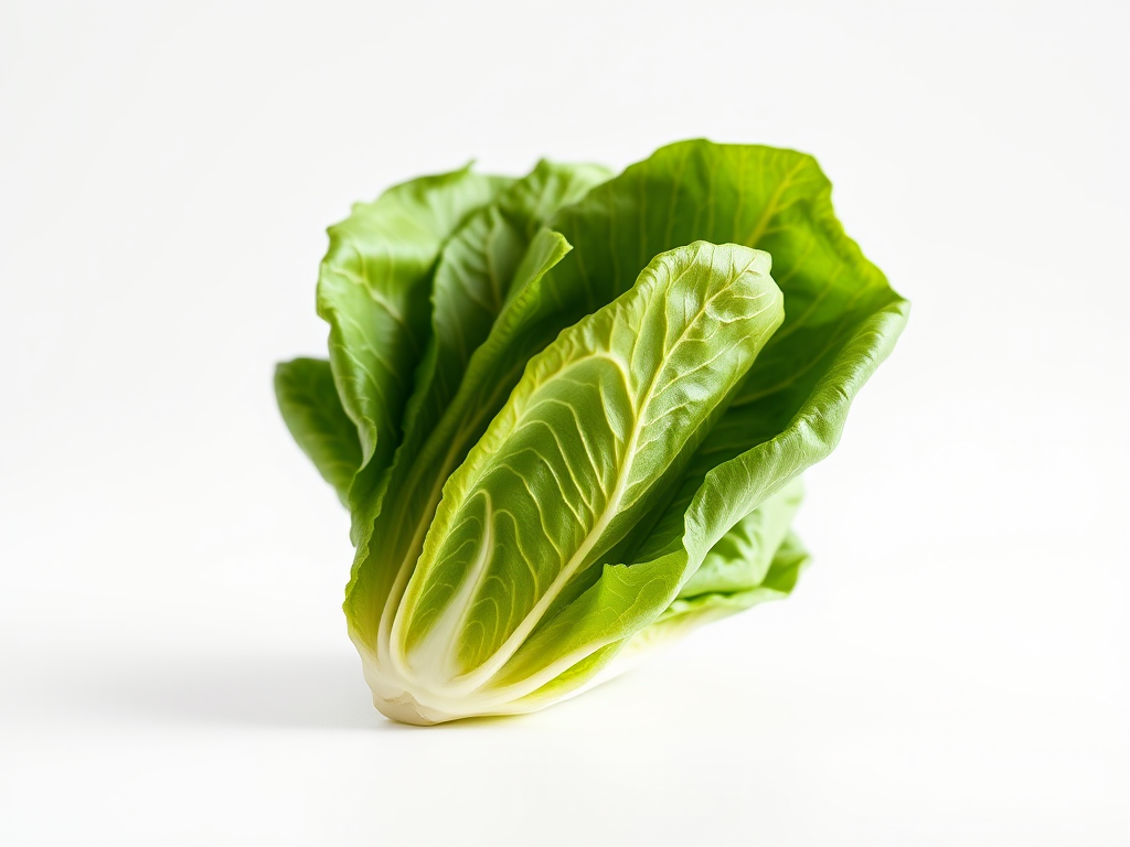 Create a high-resolution image of a fresh romaine lettuce against a clean white background, using a 50mm lens at f/2.8, ISO 100, with soft natural lighting from the left and a shallow depth of field to enhance detail and texture.