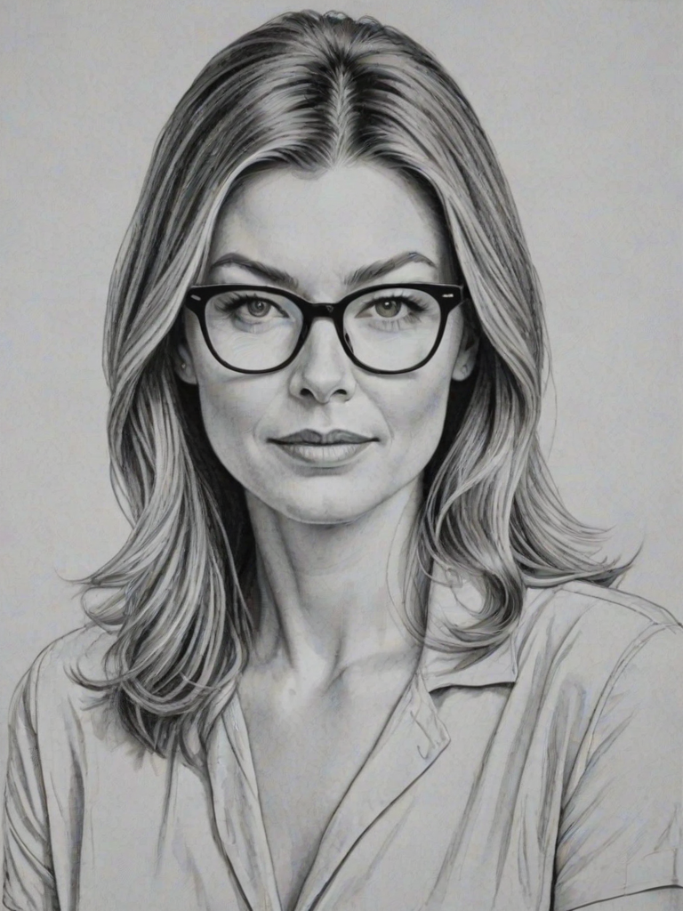 Dazzling Ellen Pompeo, pencil sketch, portrait of Pleasing woman 1964s in glasses, hair style beatnik, outline, clear lines, fine lines, 8k