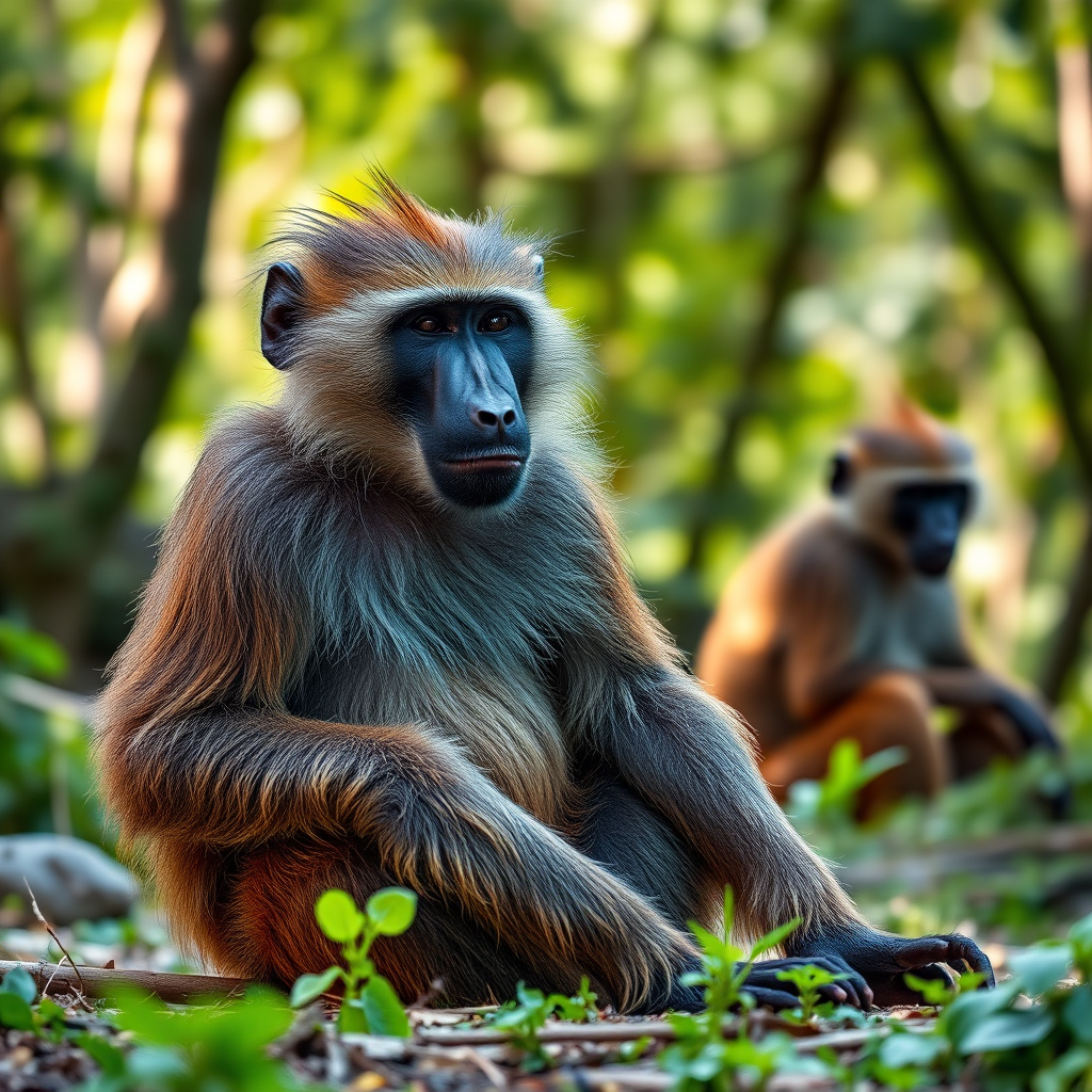Generate a high-resolution image of a baboon sitting calmly with another baboon in soft focus in the background, using a Canon EOS 5D Mark IV, 85mm lens, aperture f/1.8, ISO 200, shutter speed 1/250s, capturing bright natural lighting in a lush forest environment.