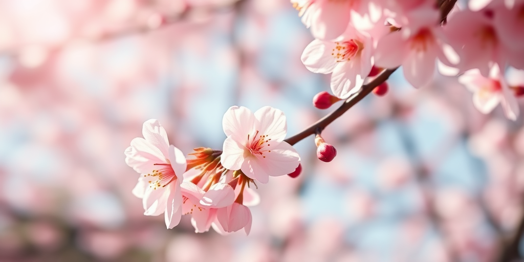 Capture a close-up view of cherry blossoms with a shallow depth of field, using a DSLR camera at f/2.8, ISO 100, 1/200s, natural light, shot from a low angle to emphasize the delicate pink petals against a blurred background.
