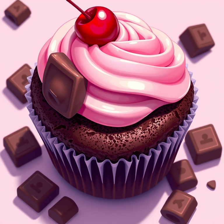 Create a vibrant illustration of a chocolate cupcake topped with pink frosting, a cherry, and chocolate pieces, using a digital art style, captured from a top-down view with high-resolution settings, soft lighting, and a focus on color contrast.