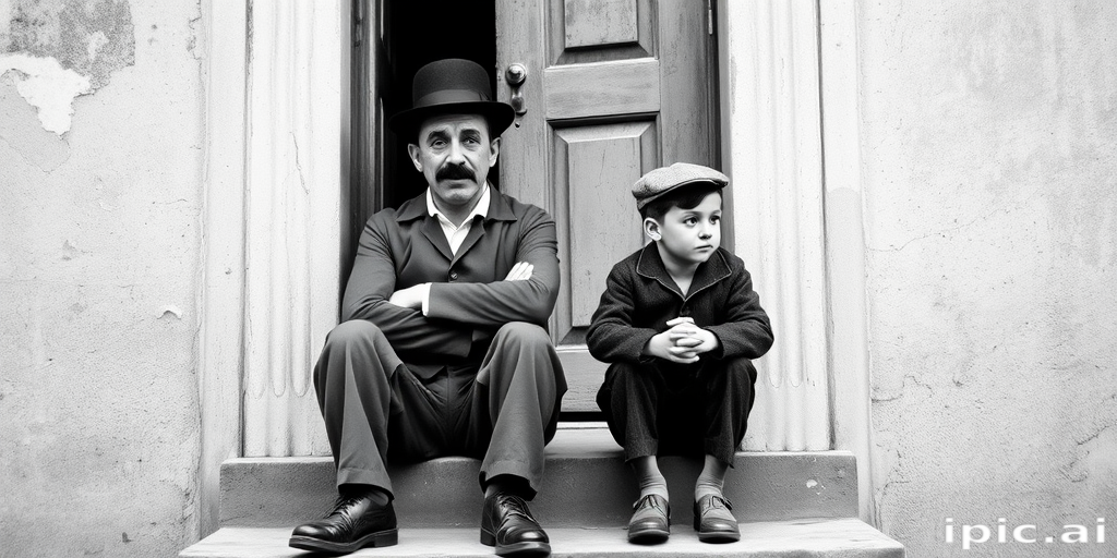 A black-and-white photograph of a man and a child sitting on steps in front of a doorway. The man is dressed as a tramp with a bowler hat, mustache, and ragged clothes, reminiscent of Charlie Chaplin's iconic look. He is sitting with his arms crossed and an expression of slight sadness or frustration. Next to him is a young boy, also in worn clothes and a cap, sitting with his hands clasped, looking thoughtful. The background is an old, textured wall and a partially open door, creating a vintage, early 20th-century atmosphere.
