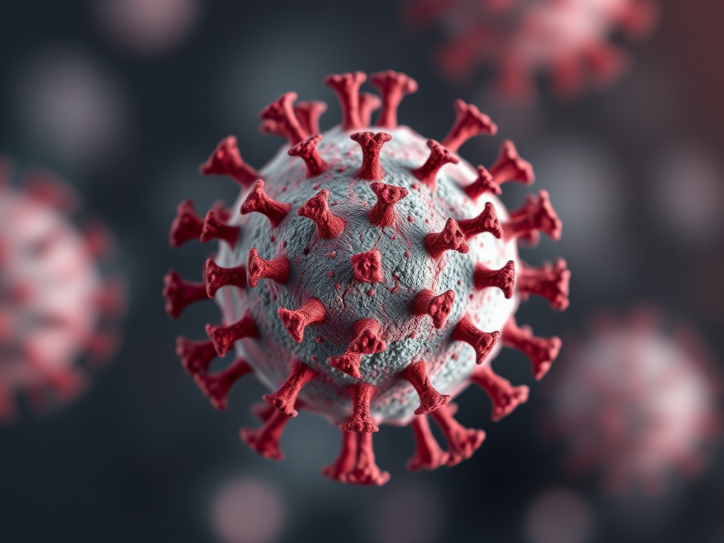 high-resolution 3D rendering of a virus cell with detailed spike proteins, macro perspective, soft focus background, studio lighting, DSLR camera, ISO 100, f/1.8, 50mm lens, high dynamic range imaging