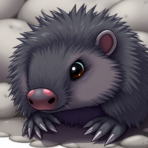 Create a detailed illustration of a cartoonish mole with a fluffy gray body, prominent claws, and a small eye, captured in digital art style at a close-up angle, using a high-resolution format, with a focal length of 50mm, aperture set to f/4 for a soft background blur, emphasizing color vibrancy and clean lines.