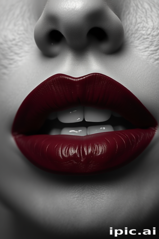 Luxurious deep wine lips with a velvet matte finish, exuding sophistication and allure, captured in a vintage-inspired black and white portrait