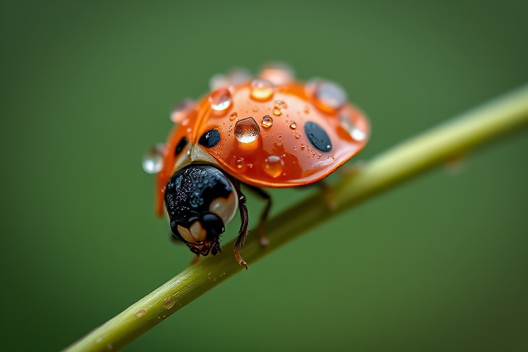Close-up of a dew-covered ladybug on a slender stem, aperture f/2.8, shutter speed 1/250 sec, ISO 200, 100mm macro lens, soft natural light, shallow depth of field.