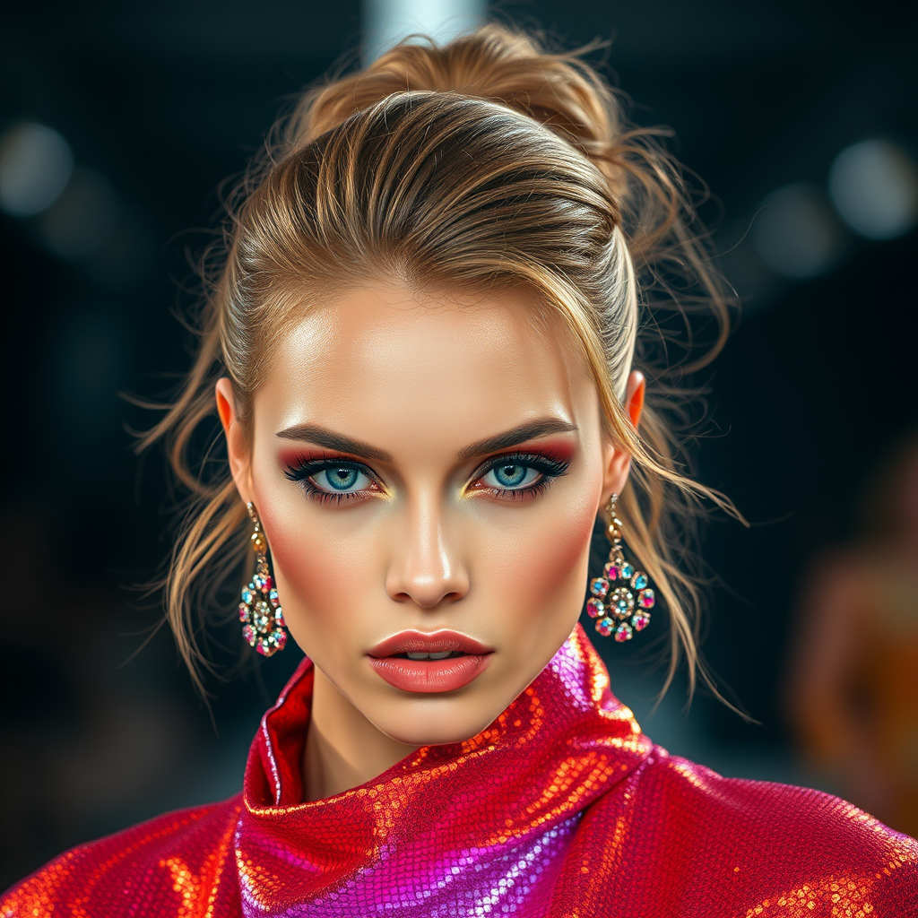 Runway capture, a beautiful model, vibrant colors, metallic textures, high fashion editorial , a 100mm macro lens to get extreme close-ups of intricate details like fabric stitching, accessories, or makeup artistry