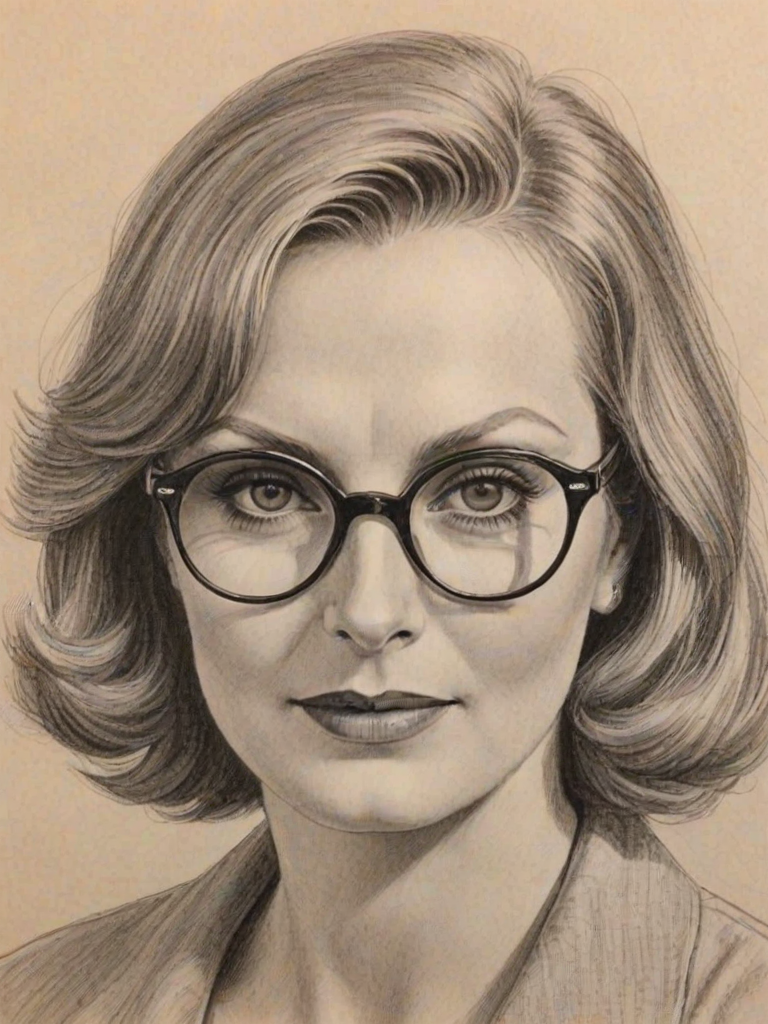 Lovely Greta Garbo, pencil sketch, portrait of Pleasing woman 1964s in glasses, hair style beatnik, outline, clear lines, fine lines, 8k
