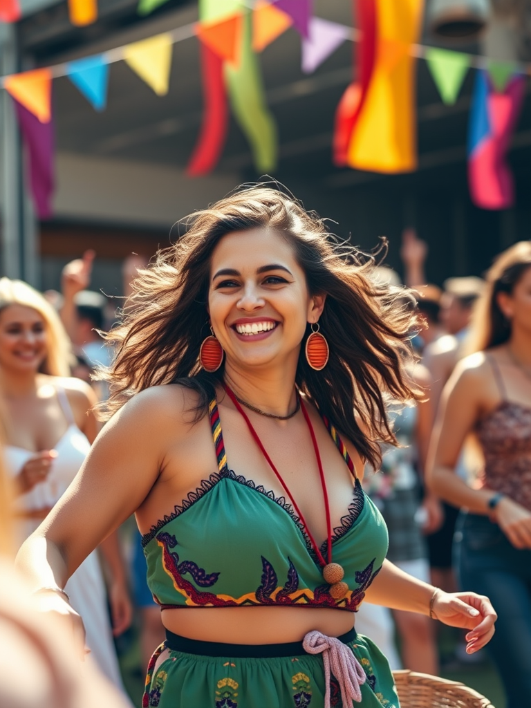 Blurry candid shot of a woman dancing at a music festival, wearing a colorful outfit, with friends around her, colorful flags waving in the background, and sunlight illuminating their smiles.