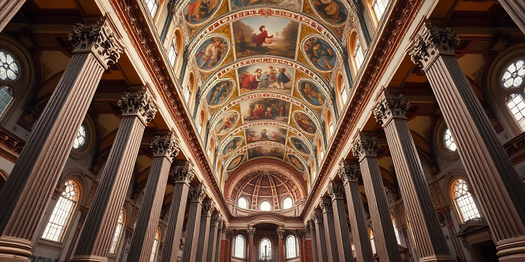 interior of a grand cathedral with a detailed painted ceiling and ornate columns, captured with a Canon EOS R5, 24mm lens, f/4 aperture, ISO 100, 1/60s shutter speed, wide-angle view for enhanced depth and clarity, natural lighting to emphasize colors and textures