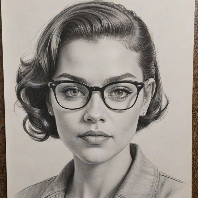 Magnificent Jesse Williams, pencil sketch, portrait of Gorgeous woman 1958s in glasses, hair style beatnik, outline, clear lines, fine lines, 8k