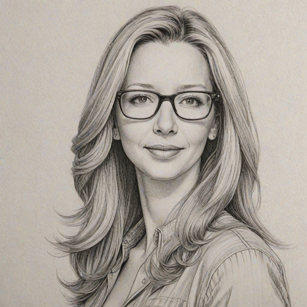 Attractive Lisa Kudrow, pencil sketch, portrait of Radiant woman 1973s in glasses, hair style beatnik, outline, clear lines, fine lines, 8k