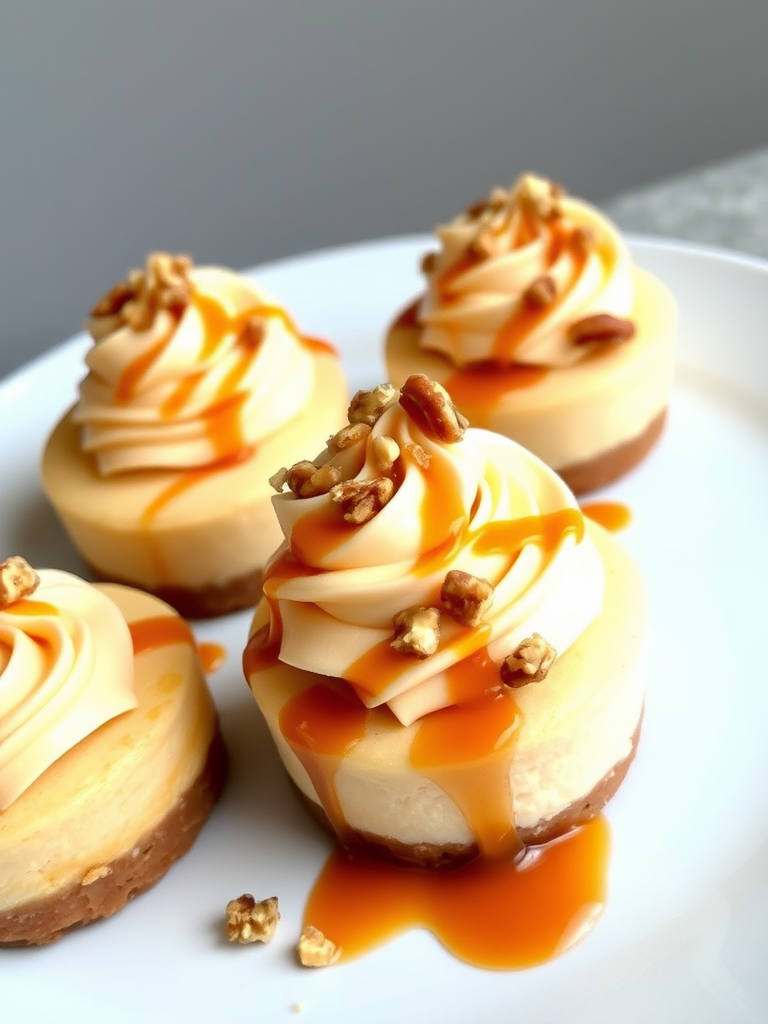 Delicious mini caramel cheesecakes topped with swirls of creamy frosting and crushed nuts drizzled with caramel sauce on a white plate