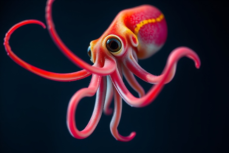 Create a high-resolution illustration of a vibrant squid, with detailed textures and colors, shot with a Canon EOS R5, 85mm f/1.2 lens, at f/2.8 aperture, 1/200 sec shutter speed, in a studio setting with soft diffused lighting.