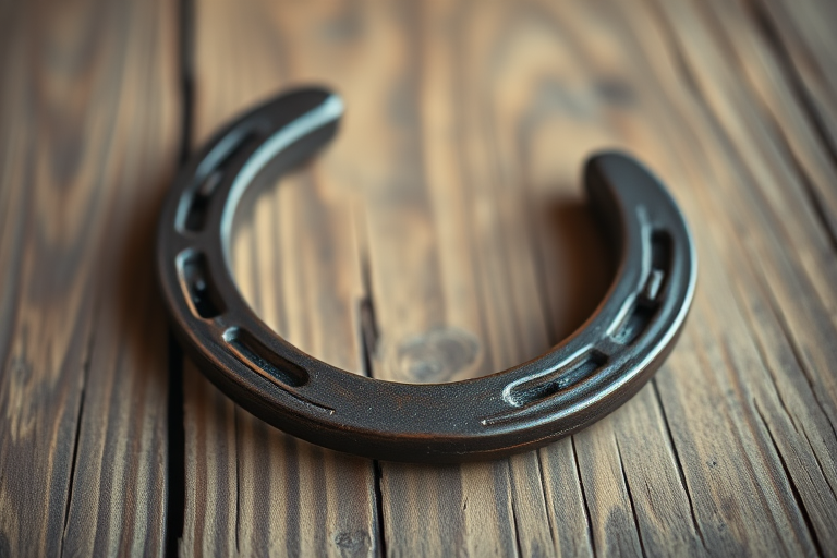 Close-up shot of an antique horseshoe on a rustic wooden background, shallow depth of field, aperture f/2.8, ISO 100, 50mm lens, natural light, DSLR camera, high-resolution.