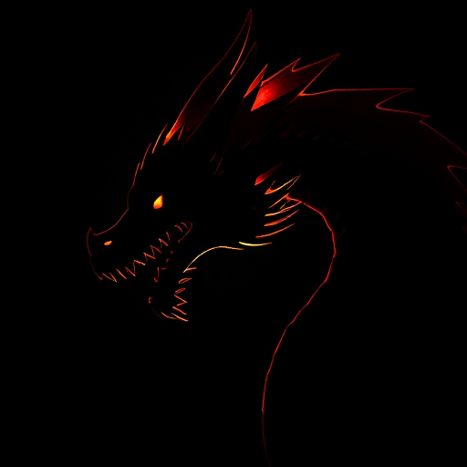 Generate a highly detailed silhouette of a dragon's head, shot with a Canon EOS R5 at f/4, ISO 100, 50mm lens, with a dramatic side lighting to enhance texture and depth.