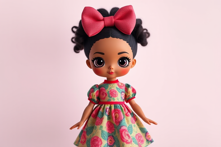 Create a high-resolution image of a cartoon doll with a big bow and curly hair, wearing a colorful dress with a floral pattern, against a plain background, using a DSLR camera with a 50mm lens, aperture set to f/2.8, ISO 100, and a soft focus for enhanced depth of field.